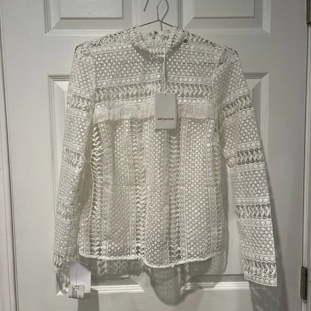 Self Portrait Crochet Lace Panel Long Sleeve Blouse - Picture 5 of 7